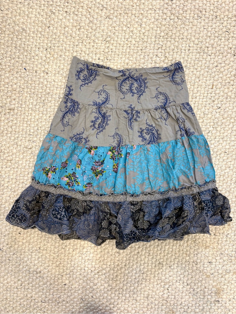 Bohemian Tiered Patchwork Floral Midi Skirt in Gray and Turquoise